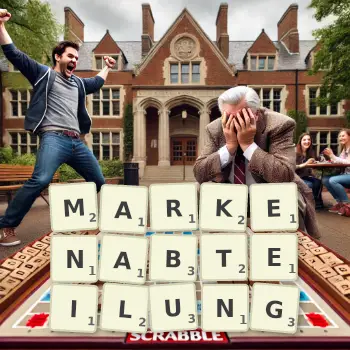 Kreative Illustration für ein Scrabble-Spiel, bei dem das Wort MARKENABTEILUNG mit Steinen auf dem Brett gelegt wurde.