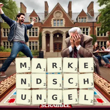 Kreative Illustration für ein Scrabble-Spiel, bei dem das Wort MARKENDSCHUNGEL mit Steinen auf dem Brett gelegt wurde.