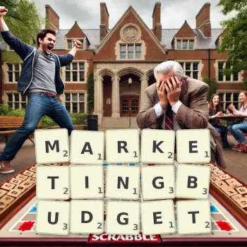 Kreative Illustration für ein Scrabble-Spiel, bei dem das Wort MARKETINGBUDGET mit Steinen auf dem Brett gelegt wurde.