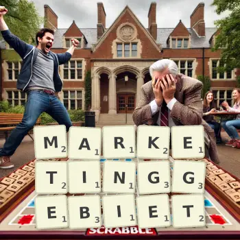 Kreative Illustration für ein Scrabble-Spiel, bei dem das Wort MARKETINGGEBIET mit Steinen auf dem Brett gelegt wurde.