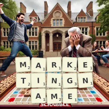 Kreative Illustration für ein Scrabble-Spiel, bei dem das Wort MARKETINGNAME mit Steinen auf dem Brett gelegt wurde.