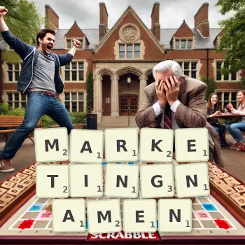 Kreative Illustration für ein Scrabble-Spiel, bei dem das Wort MARKETINGNAMEN mit Steinen auf dem Brett gelegt wurde.