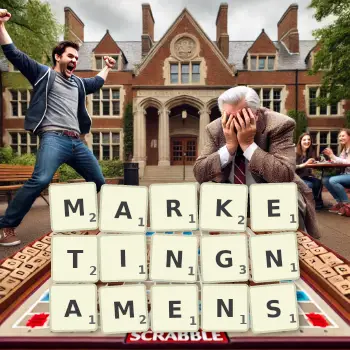 Kreative Illustration für ein Scrabble-Spiel, bei dem das Wort MARKETINGNAMENS mit Steinen auf dem Brett gelegt wurde.