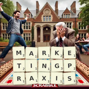 Kreative Illustration für ein Scrabble-Spiel, bei dem das Wort MARKETINGPRAXIS mit Steinen auf dem Brett gelegt wurde.