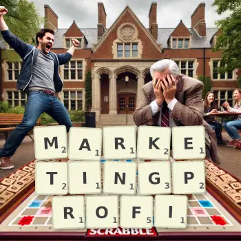Kreative Illustration für ein Scrabble-Spiel, bei dem das Wort MARKETINGPROFI mit Steinen auf dem Brett gelegt wurde.