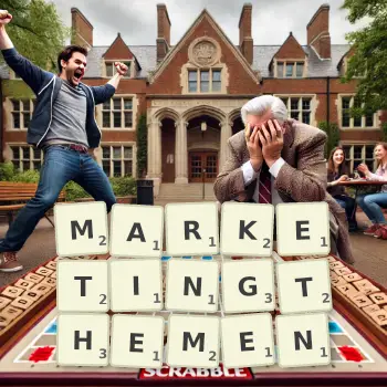 Kreative Illustration für ein Scrabble-Spiel, bei dem das Wort MARKETINGTHEMEN mit Steinen auf dem Brett gelegt wurde.