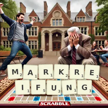 Kreative Illustration für ein Scrabble-Spiel, bei dem das Wort MARKREIFUNG mit Steinen auf dem Brett gelegt wurde.