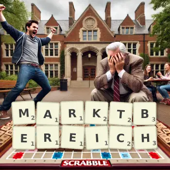 Kreative Illustration für ein Scrabble-Spiel, bei dem das Wort MARKTBEREICH mit Steinen auf dem Brett gelegt wurde.