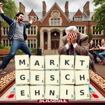 Kreative Illustration für ein Scrabble-Spiel, bei dem das Wort MARKTGESCHEHNIS mit Steinen auf dem Brett gelegt wurde.