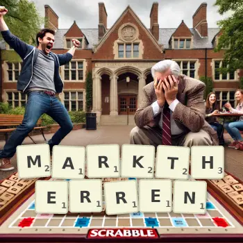 Kreative Illustration für ein Scrabble-Spiel, bei dem das Wort MARKTHERREN mit Steinen auf dem Brett gelegt wurde.