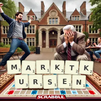 Kreative Illustration für ein Scrabble-Spiel, bei dem das Wort MARKTKURSEN mit Steinen auf dem Brett gelegt wurde.