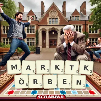 Kreative Illustration für ein Scrabble-Spiel, bei dem das Wort MARKTKÖRBEN mit Steinen auf dem Brett gelegt wurde.