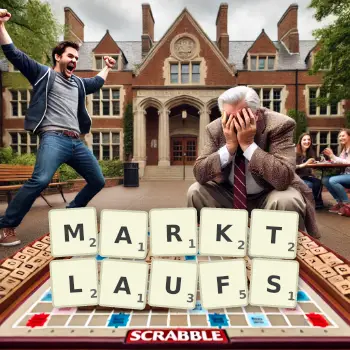 Kreative Illustration für ein Scrabble-Spiel, bei dem das Wort MARKTLAUFS mit Steinen auf dem Brett gelegt wurde.
