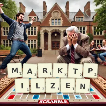 Kreative Illustration für ein Scrabble-Spiel, bei dem das Wort MARKTPILZEN mit Steinen auf dem Brett gelegt wurde.