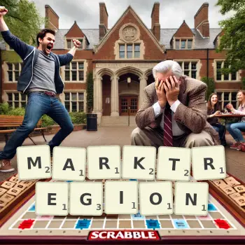 Kreative Illustration für ein Scrabble-Spiel, bei dem das Wort MARKTREGION mit Steinen auf dem Brett gelegt wurde.