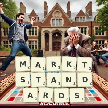 Kreative Illustration für ein Scrabble-Spiel, bei dem das Wort MARKTSTANDARDS mit Steinen auf dem Brett gelegt wurde.