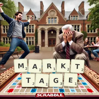 Kreative Illustration für ein Scrabble-Spiel, bei dem das Wort MARKTTAGE mit Steinen auf dem Brett gelegt wurde.