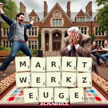 Kreative Illustration für ein Scrabble-Spiel, bei dem das Wort MARKTWERKZEUGE mit Steinen auf dem Brett gelegt wurde.