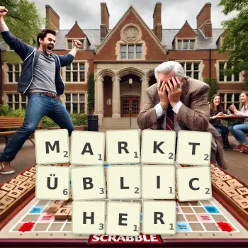 Kreative Illustration für ein Scrabble-Spiel, bei dem das Wort MARKTÜBLICHER mit Steinen auf dem Brett gelegt wurde.