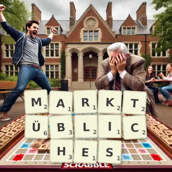 Kreative Illustration für ein Scrabble-Spiel, bei dem das Wort MARKTÜBLICHES mit Steinen auf dem Brett gelegt wurde.
