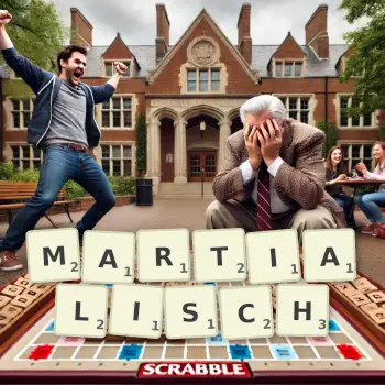 Kreative Illustration für ein Scrabble-Spiel, bei dem das Wort MARTIALISCH mit Steinen auf dem Brett gelegt wurde.