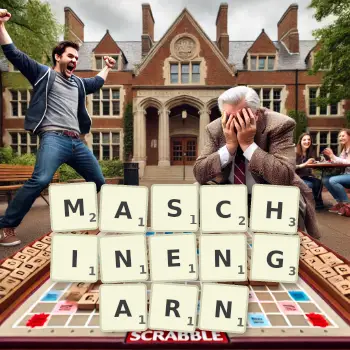 Kreative Illustration für ein Scrabble-Spiel, bei dem das Wort MASCHINENGARN mit Steinen auf dem Brett gelegt wurde.