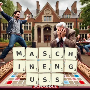 Kreative Illustration für ein Scrabble-Spiel, bei dem das Wort MASCHINENGUSS mit Steinen auf dem Brett gelegt wurde.