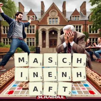 Kreative Illustration für ein Scrabble-Spiel, bei dem das Wort MASCHINENHAFT mit Steinen auf dem Brett gelegt wurde.