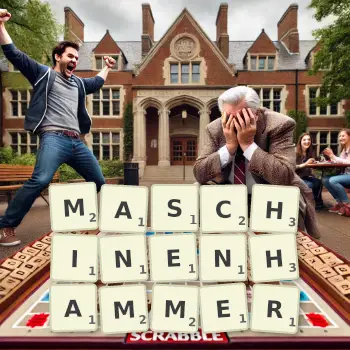 Kreative Illustration für ein Scrabble-Spiel, bei dem das Wort MASCHINENHAMMER mit Steinen auf dem Brett gelegt wurde.
