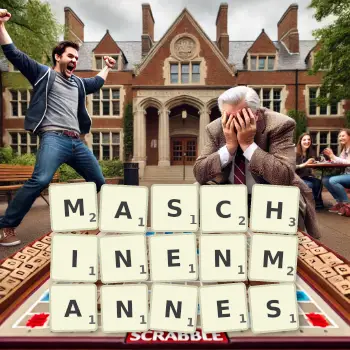 Kreative Illustration für ein Scrabble-Spiel, bei dem das Wort MASCHINENMANNES mit Steinen auf dem Brett gelegt wurde.