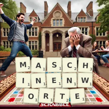 Kreative Illustration für ein Scrabble-Spiel, bei dem das Wort MASCHINENWORTE mit Steinen auf dem Brett gelegt wurde.