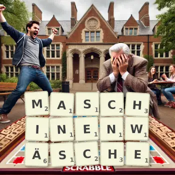 Kreative Illustration für ein Scrabble-Spiel, bei dem das Wort MASCHINENWÄSCHE mit Steinen auf dem Brett gelegt wurde.