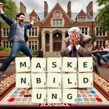 Kreative Illustration für ein Scrabble-Spiel, bei dem das Wort MASKENBILDUNG mit Steinen auf dem Brett gelegt wurde.