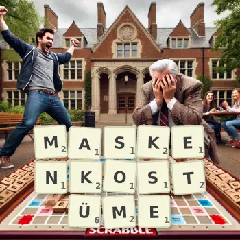 Kreative Illustration für ein Scrabble-Spiel, bei dem das Wort MASKENKOSTÜME mit Steinen auf dem Brett gelegt wurde.