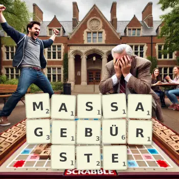 Kreative Illustration für ein Scrabble-Spiel, bei dem das Wort MASSAGEBÜRSTE mit Steinen auf dem Brett gelegt wurde.