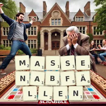 Kreative Illustration für ein Scrabble-Spiel, bei dem das Wort MASSENABFÄLLEN mit Steinen auf dem Brett gelegt wurde.