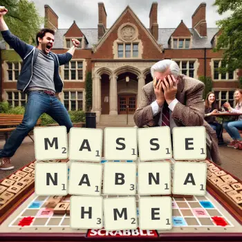 Kreative Illustration für ein Scrabble-Spiel, bei dem das Wort MASSENABNAHME mit Steinen auf dem Brett gelegt wurde.