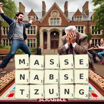 Kreative Illustration für ein Scrabble-Spiel, bei dem das Wort MASSENABSETZUNG mit Steinen auf dem Brett gelegt wurde.