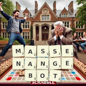 Kreative Illustration für ein Scrabble-Spiel, bei dem das Wort MASSENANGEBOT mit Steinen auf dem Brett gelegt wurde.