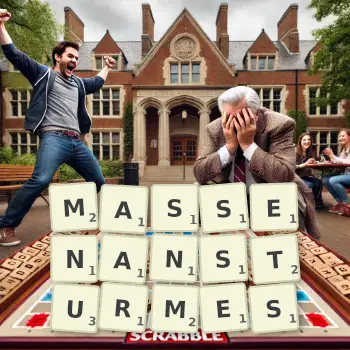 Kreative Illustration für ein Scrabble-Spiel, bei dem das Wort MASSENANSTURMES mit Steinen auf dem Brett gelegt wurde.