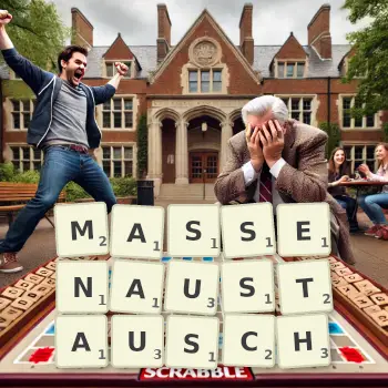 Kreative Illustration für ein Scrabble-Spiel, bei dem das Wort MASSENAUSTAUSCH mit Steinen auf dem Brett gelegt wurde.
