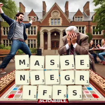Kreative Illustration für ein Scrabble-Spiel, bei dem das Wort MASSENBEGRIFFS mit Steinen auf dem Brett gelegt wurde.