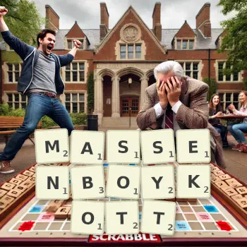 Kreative Illustration für ein Scrabble-Spiel, bei dem das Wort MASSENBOYKOTT mit Steinen auf dem Brett gelegt wurde.