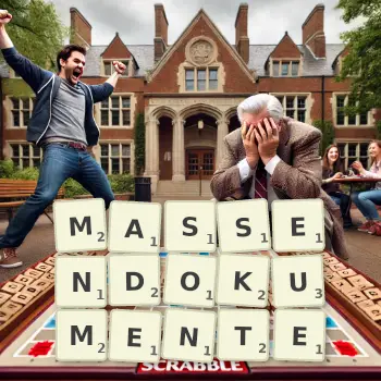 Kreative Illustration für ein Scrabble-Spiel, bei dem das Wort MASSENDOKUMENTE mit Steinen auf dem Brett gelegt wurde.