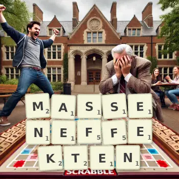 Kreative Illustration für ein Scrabble-Spiel, bei dem das Wort MASSENEFFEKTEN mit Steinen auf dem Brett gelegt wurde.