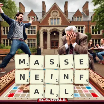 Kreative Illustration für ein Scrabble-Spiel, bei dem das Wort MASSENEINFALL mit Steinen auf dem Brett gelegt wurde.