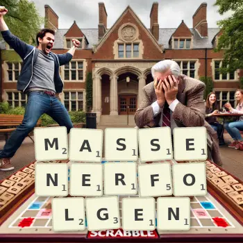 Kreative Illustration für ein Scrabble-Spiel, bei dem das Wort MASSENERFOLGEN mit Steinen auf dem Brett gelegt wurde.