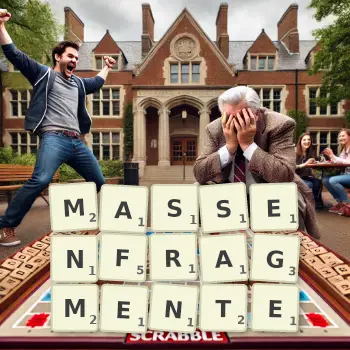 Kreative Illustration für ein Scrabble-Spiel, bei dem das Wort MASSENFRAGMENTE mit Steinen auf dem Brett gelegt wurde.