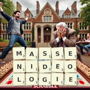 Kreative Illustration für ein Scrabble-Spiel, bei dem das Wort MASSENIDEOLOGIE mit Steinen auf dem Brett gelegt wurde.