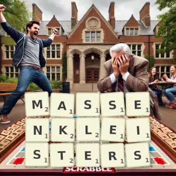 Kreative Illustration für ein Scrabble-Spiel, bei dem das Wort MASSENKLEISTERS mit Steinen auf dem Brett gelegt wurde.
